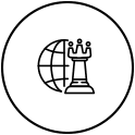 Icon with a globe and chess piece enclosed in a circle