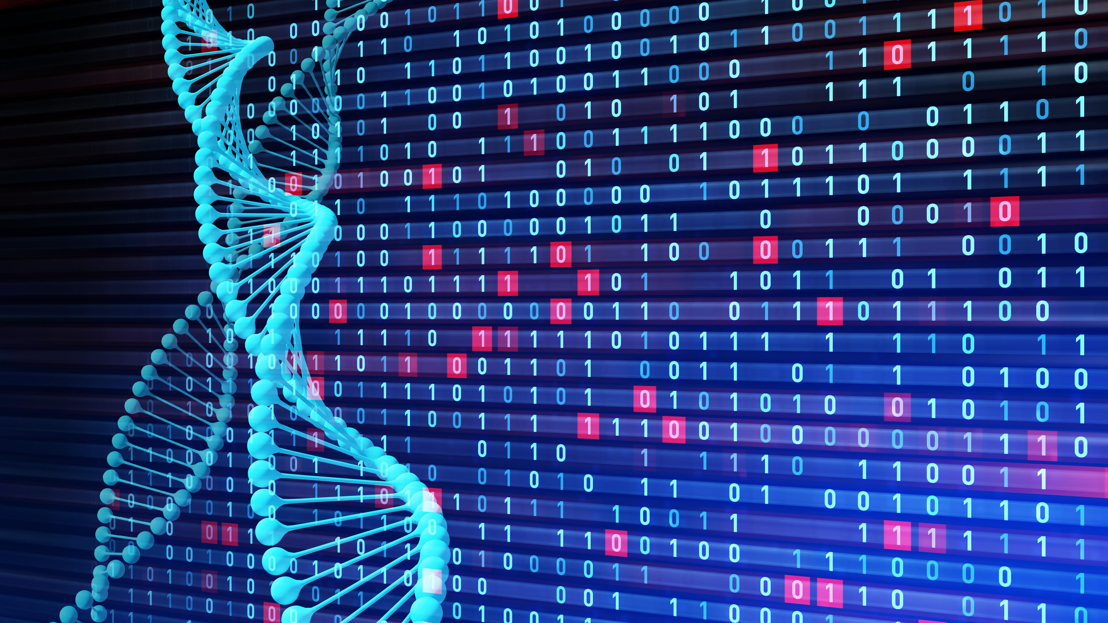 A DNA sequence imposed over binary code, in reference to MedTech